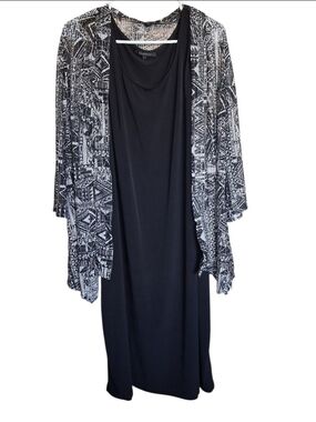 Glamour Women's 2-Piece Set: Black Midi Tank Dress & Geo-Print Flyaway Cardigan
